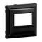 Czarny, kwadratowy ramka do włącznika światła o skośnych krawędziach z prostokątnym wycięciem pośrodku.