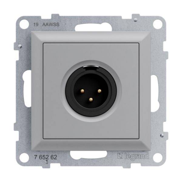 Przełącznik z okrągłym, czarnym gniazdem pośrodku, zamontowany w prostokątnej metalowej ramce.