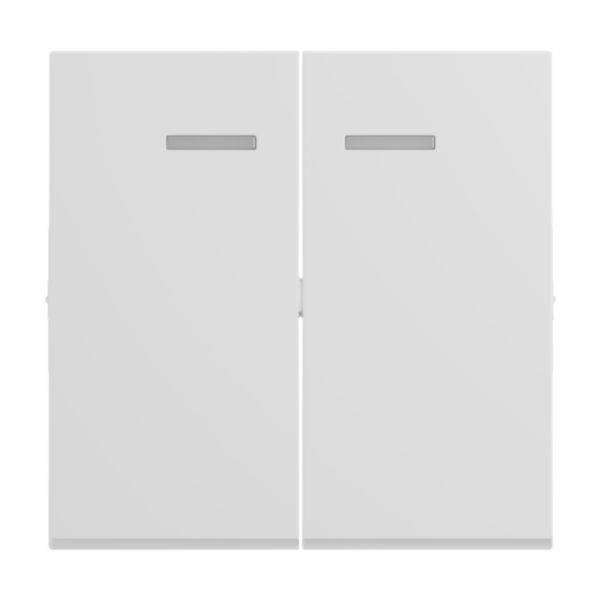 Dwa białe, kwadratowe włączniki światła z wąskimi szarymi paskami, ułożone obok siebie na białym tle.