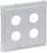 Biała płyta z tworzywa sztucznego z czterema równomiernie rozmieszczonymi okrągłymi otworami. Kwadratowy kształt, odpowiednia do celów montażowych.