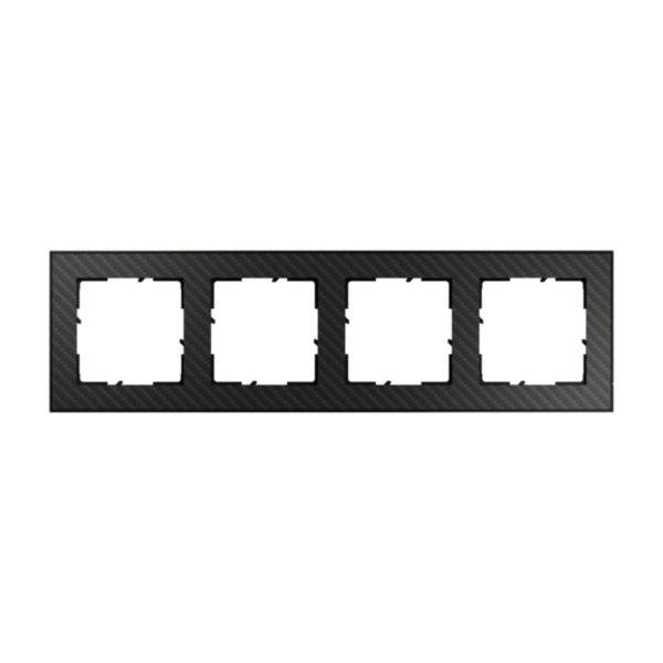 'Poczwórna czarna ramka o strukturowanej powierzchni, odpowiednia do czterech przełączników lub gniazd elektrycznych.'