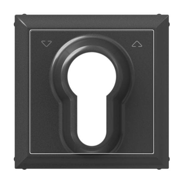 Czarna osłona tarczowa na wkładkę zamka, o kształcie kwadratowym, z widocznym otworem na klucz.