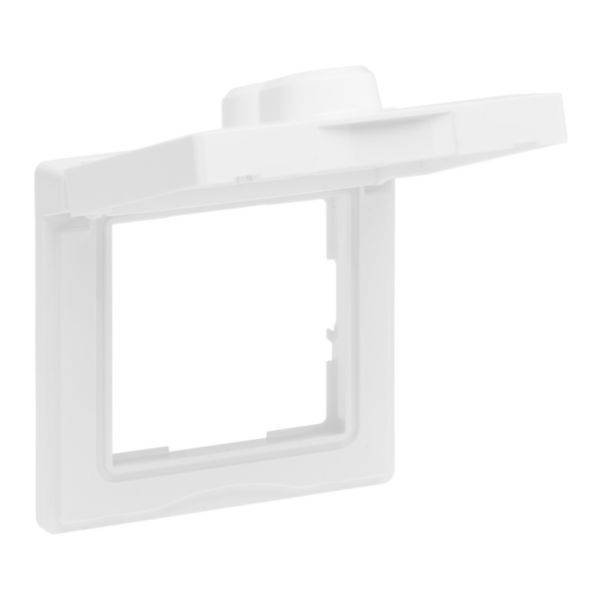 Biała rama z uchylną pokrywą, odpowiednia do kwadratowego gniazda wtykowego lub przełącznika.