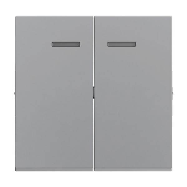 Szary podwójny włącznik światła z prostokątnymi przyciskami, o minimalistycznym designie, odpowiedni do nowoczesnych wnętrz.