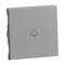 Szary przycisk dzwonka z symbolem dzwonka pośrodku, prosty design, prostokątny kształt.