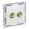 Instalacja elektryczna: Biały przełącznik naścienny z dwoma zaciskami oznaczonymi kolorem żółto-zielonym na froncie, otoczony srebrną ramką.
