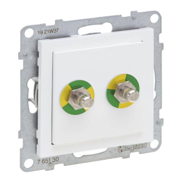 Rozłącznik uziemiający firmy Legrand z dwoma złączami śrubowymi. Biała obudowa zamontowana na metalowej ramce naściennej.