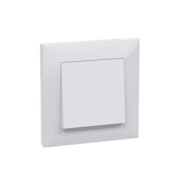 Biały przełącznik światła na ścianie, w standardowej pozycji 'wyłączony', na neutralnym tle.