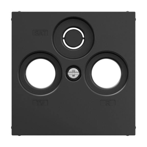 'Czarna osłona gniazda z trzema okrągłymi otworami, oznaczona napisami 'SAT', 'TV' i 'R', do podłączenia kabli.'