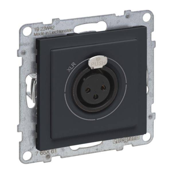 Czarna wtyczka XLR w srebrnej metalowej ramce, z napisem 'PUSH' na dźwigni u góry. Wyprodukowana w Liechtensteinie.