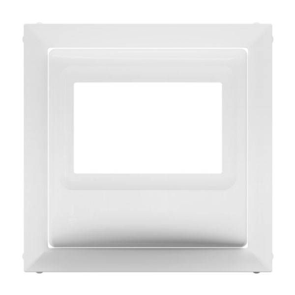 Biała kwadratowa płyta z tworzywa sztucznego z prostokątnym wycięciem pośrodku.