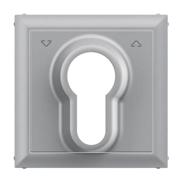 Srebrna osłona otworu kluczykowego z symbolami strzałek w lewym górnym i prawym górnym rogu kwadratowej płytki.