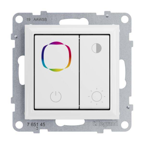 Dwa przełączniki na białym tle. Lewy przełącznik przedstawia kolorowy symbol koła, prawy - tarczę zegarową z trzema punktami.