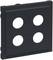 Czarna kwadratowa ramka z czterema okrągłymi otworami w równomiernym rozmieszczeniu. Odpowiednia do instalacji przełączników lub gniazd elektrycznych.