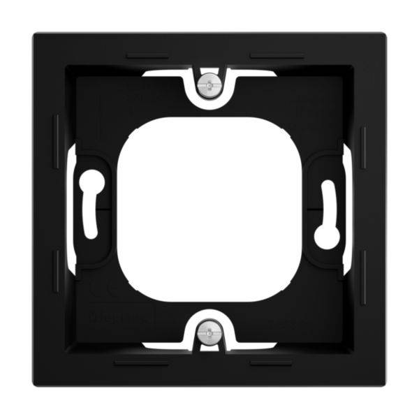 Czarny kwadratowy ramka z zaokrąglonymi narożnikami i otworami montażowymi.