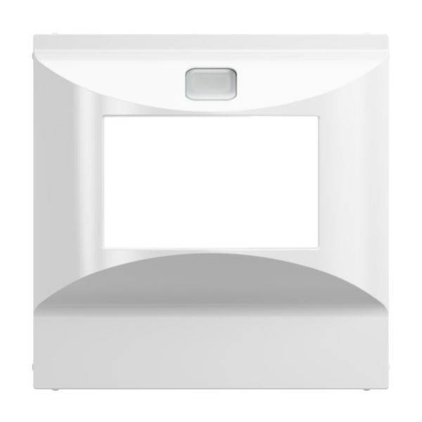 Biały, kwadratowy ramka z prostokątnym wycięciem pośrodku oraz małą prostokątną powierzchnią u góry.