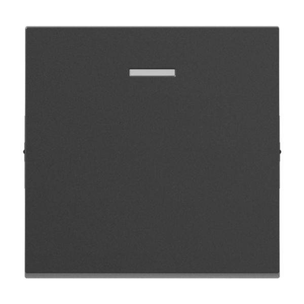 Kwadratowy, matowo-czarny przełącznik z wąskim, poziomym prostokątnym przyciskiem w górnej części środka.