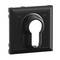 Czarna rozeta kluczykowa z symbolami strzałek do pozycjonowania. Kwadratowy kształt, centralnie otwarta do zamka cylindrycznego.
