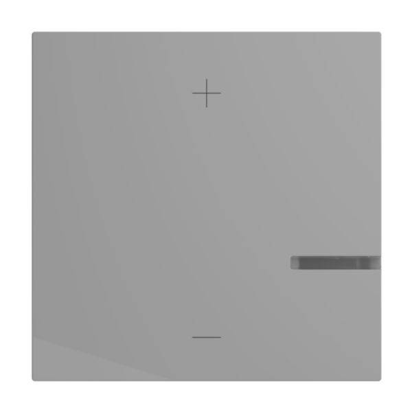 Szary dotykowy włącznik światła o minimalistycznym designie, z umieszczonym centralnie znakiem plus na górze i małą kreską na dole powierzchni.