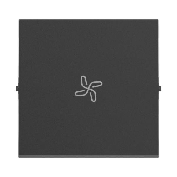 Czarny, kwadratowy przełącznik z wycentrowanym, stylizowanym symbolem wentylatora; prawdopodobnie służący do sterowania wentylacją.