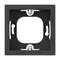 Kwadratowa ciemna plastikowa rama, odpowiednia do montażu podtynkowego gniazd elektrycznych. Zawiera cztery otwory na wkręty do mocowania.