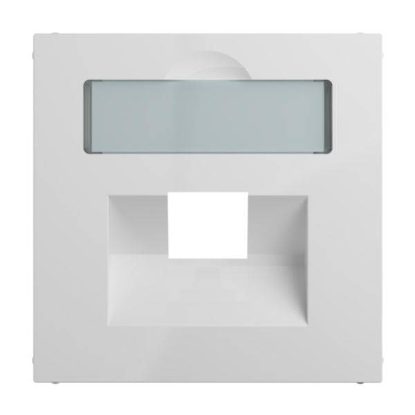 Biała, kwadratowa pokrywa z dwoma prostokątnymi otworami. Górny otwór wyposażony jest w przezroczystą wkładkę.