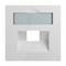 Biała, kwadratowa pokrywa z dwoma prostokątnymi otworami. Górny otwór wyposażony jest w przezroczystą wkładkę.