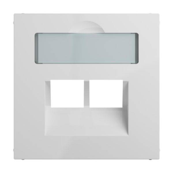 Biały, prostokątny ramka włącznika światła z dwoma kwadratowymi otworami na dole i wąskim, prostokątnym okienkiem na górze.