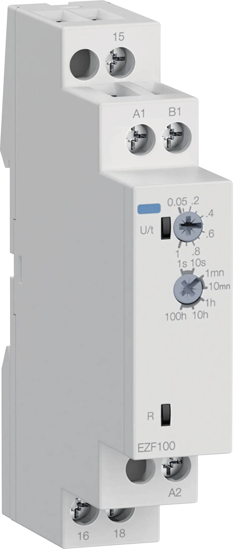 Wielofunkcyjne przekaźnik czasowy do montażu na szynie DIN z możliwością regulacji zakresu czasowego i przyłączami śrubowymi.