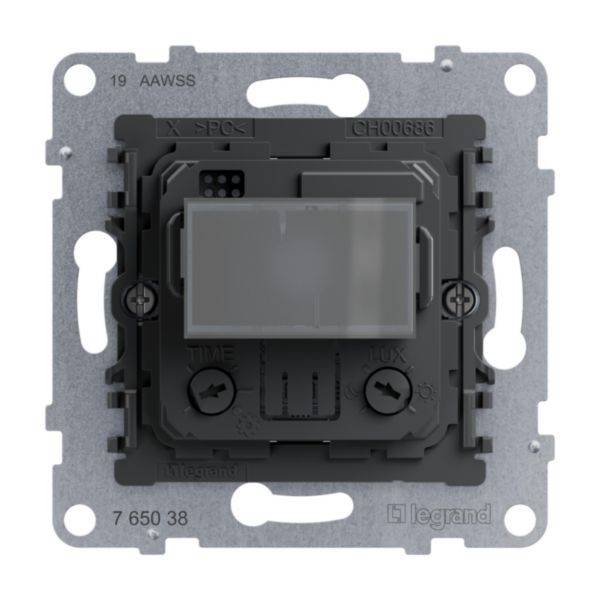 'Moduł przełącznika Legrand, projekt kwadratowy, bez zewnętrznej osłony, symbolizujący technikę przełączania, w odcieniach szarości.'