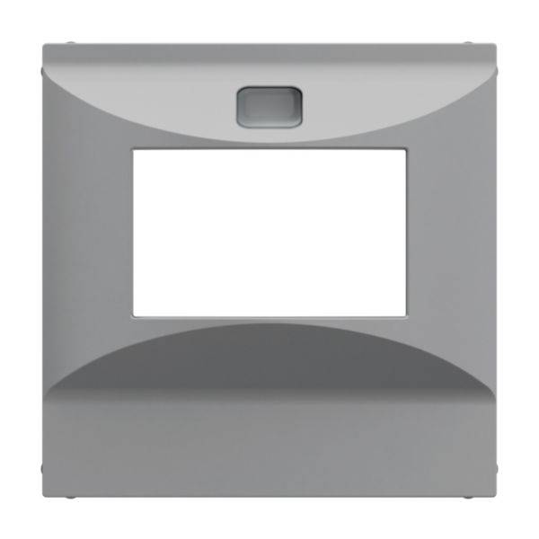 Szary, kwadratowy ramka z prostokątnym pustym oknem pośrodku oraz małym kwadratowym otworem na górze.