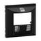 Czarny plastikowy frame z centralnym kwadratowym wycięciem, prostokątną powierzchnią drukową u góry i otworami wentylacyjnymi na dole.