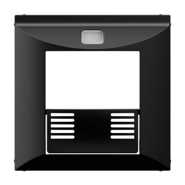 Czarny kwadratowy ramka z przezroczystą wkładką, otwór pośrodku. Górna część posiada prostokątny czujnik.