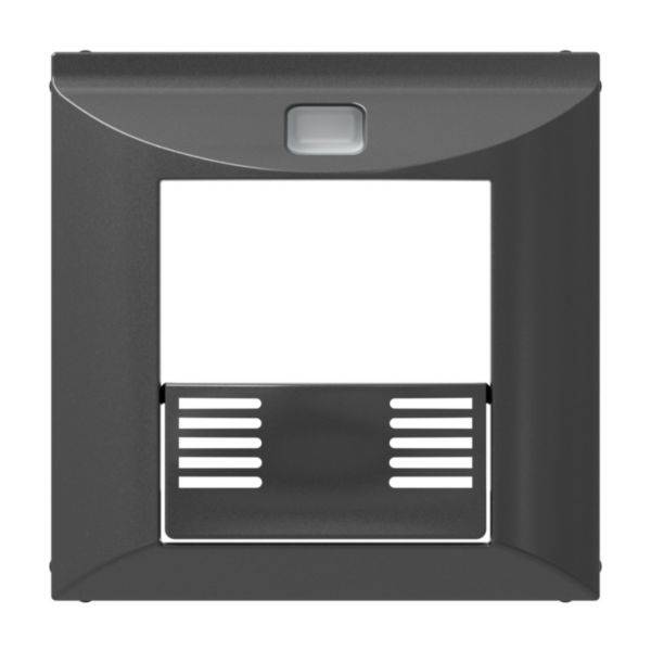 Czarny, kwadratowy rama z prostokątnym otworem pośrodku i składaną pokrywą u dołu.