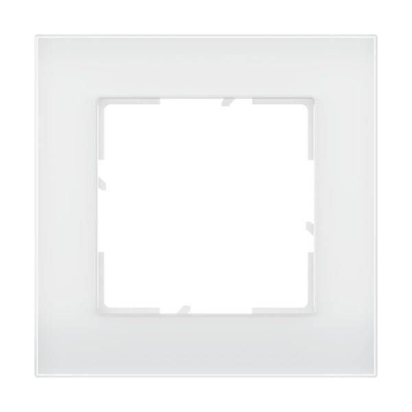 Biały, kwadratowy ramka włącznika światła z zaokrąglonymi narożnikami, z centralnym wycięciem do montażu włącznika.