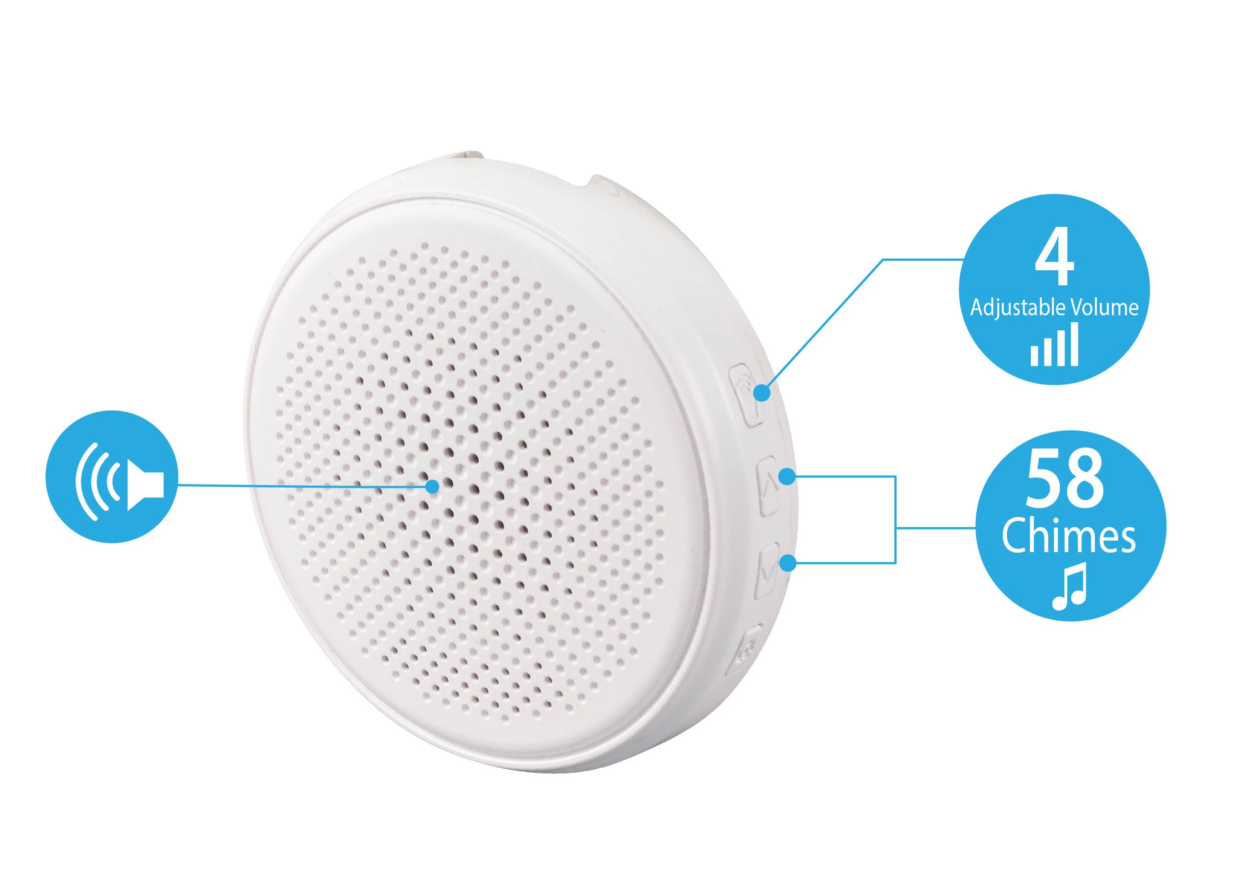 Biały, okrągły głośnik z regulacją głośności (4 poziomy) i 58 melodiami dzwonka.