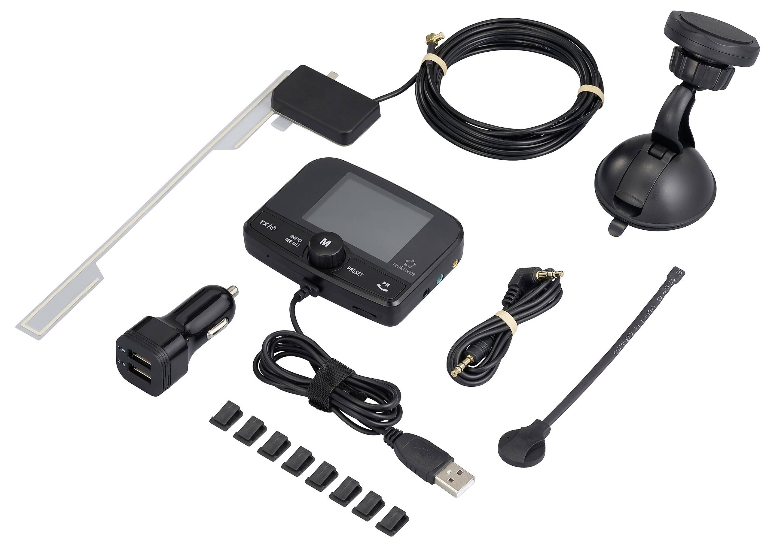 Zestaw akcesoriów samochodowych z kamerą samochodową, uchwytem zaciskowym, przewodem ładującym, kablem USB, anteną, paskami montażowymi i przyssawką.