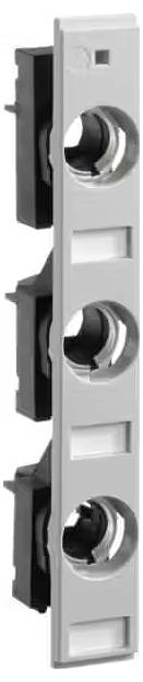 Metalowa rama z trzema okrągłymi wycięciami na przełączniki lub gniazdka, zamontowana na czarnym stelażu.