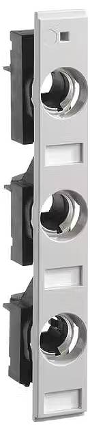 Potrójna wtyczka z srebrną ramką i czarnymi wkładkami, w układzie pionowym. Odpowiednia do połączeń elektronicznych.