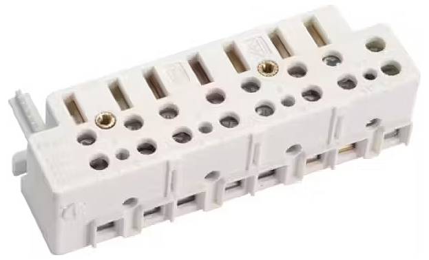Blok przyłączeniowy z tworzywa sztucznego z wieloma stykami metalowymi i otworami mocującymi, odpowiedni do połączeń elektrycznych i zarządzania okablowaniem.
