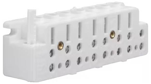 Biała elektryczna złączka wielotorowa z rzędem śrub zaciskowych. Służy do bezpiecznego mocowania przewodów.