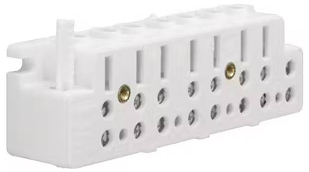 Biała listwa zaciskowa z tworzywa sztucznego z wieloma złączami śrubowymi i metalowymi punktami styku, widoczny otwór mocujący z boku.