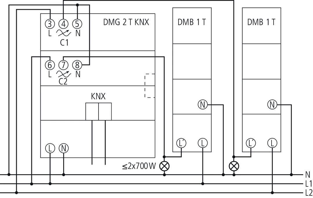 Techniczny diagram schematu elektrycznego z etykietami takimi jak DMG 2 T KNX i DMB 1 T, przedstawiający różne komponenty elektryczne.