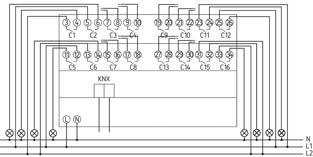 Schemat elektryczny obwodu z kondensatorami, zaciskami i połączeniami. Główny nacisk na przepływy prądu i połączenia między podzespołami.