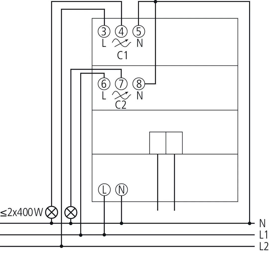 Schemat elektryczny urządzenia elektronicznego z dwoma obwodami, C1 i C2, z przyłączami L, N, 230V, dwiema lampami i przełącznikami.
