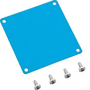 Niebieska kwadratowa płytka metalowa z czterema małymi śrubami.