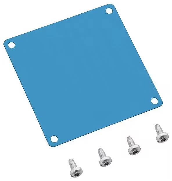Niebieska kwadratowa metalowa płyta z zaokrąglonymi narożnikami, obok leżą cztery śruby, prawdopodobnie do zamocowania płyty.