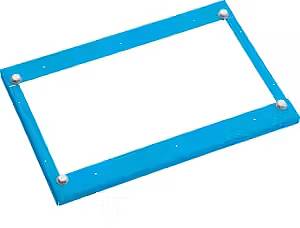 Niebieski prostokątny ramka z czterema srebrnymi śrubami w narożnikach.