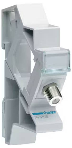 Adapter elektryczny elementu z złączem koaksjalnym, kolor szary, możliwy do zamontowania na szynie DIN. Widoczna nazwa marki 'Hager' oraz oznaczenie modelu 'TN003'.