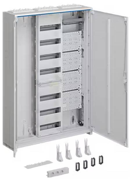 Otwarty, naścienny rozdzielnik elektryczny z wieloma modułami instalacyjnymi. Podzespoły i akcesoria są rozłożone poniżej.